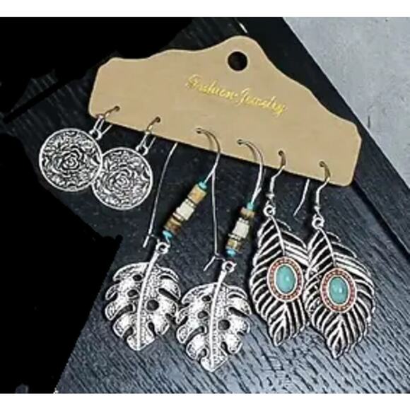 NEW Boho Western Earrings Set – Silver Leaf, Feather & Turquoise Jewelry - Picture 1 of 1